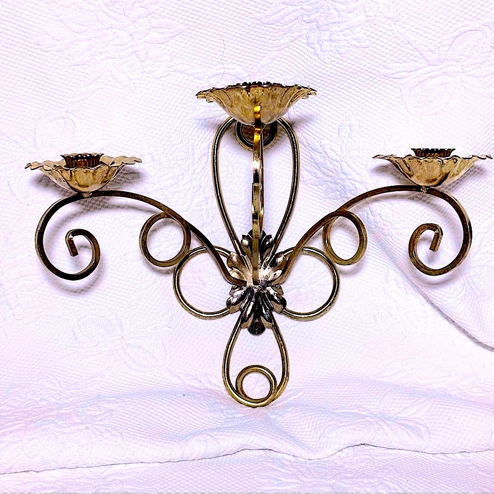 Vintage Brass Three Arm Floral Candelabra !!